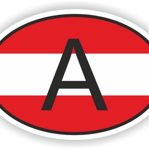 May include: A white oval sticker with a red, white, and red Austrian flag design. The letter "A" is in black and centered on the flag.