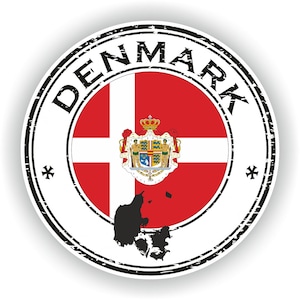 May include: A distressed, circular stamp with the word "DENMARK" in black lettering around the border. The center of the stamp features the Danish flag with the coat of arms. The outline of Denmark is shown in black below the flag.