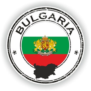 Könnte beinhalten: Ein runder, schwarz-weißer Stempel mit dem Wort "BULGARIEN" in einem Kreis um die bulgarische Flagge und einer schwarzen Umrandung der Landesform.