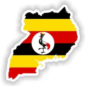 May include: A sticker of the outline of Uganda with the Ugandan flag colors: black, yellow, red, and a circle with a black crowned crane on a white background.