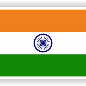 May include: Rectangular sticker featuring the flag of India. The flag has three horizontal bands: saffron at the top, white in the middle with a navy blue wheel, and green at the bottom. The sticker has a white border.