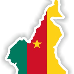 May include: A sticker of the outline of Cameroon with the country's flag colors: green, red, yellow, and a yellow star in the center.