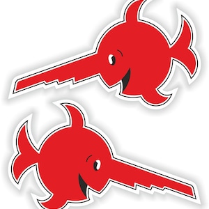May include: Two red fish-shaped keyrings with a smiling face and a key-shaped nose.