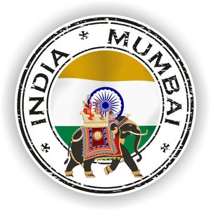 May include: A black and white circular stamp with the text "INDIA MUMBAI" around the edge. The center of the stamp features the Indian flag with an elephant carrying people in a decorated carriage.