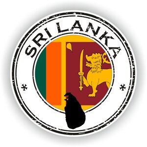 May include: A distressed, circular stamp with the word "SRI LANKA" in black text around the border. The centre of the stamp features the flag of Sri Lanka, a lion holding a sword on a red background with a yellow border, and a green and orange stripe. The outline of the island of Sri Lanka is shown in black below the flag.