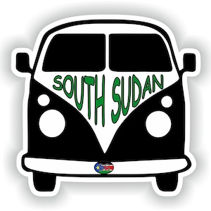May include: A black and white illustration of a vintage van with the words "South Sudan" written in green on the front. The van has a South Sudanese flag on the bumper.