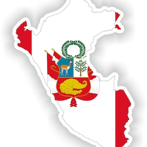 May include: A white outline of the country of Peru with the Peruvian flag colors red and white on the left and right sides of the map. The center of the map features the national coat of arms of Peru, which includes a vicuña, a tree, and a cornucopia.