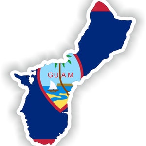 May include: A sticker of the outline of Guam with the flag of Guam in the center. The flag is blue with a red band at the top and a red and white seal in the center. The seal depicts a sailboat on a beach with a palm tree and the word "GUAM" written in white.