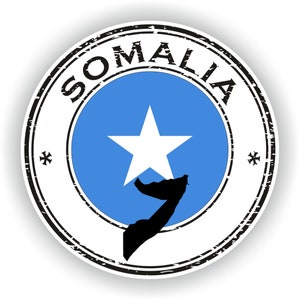 Op de afbeelding: Een ronde, verweerde, zwart-witte stempel met het woord "SOMALIË" in een cirkel rond de Somalische vlag. De vlag is blauw met een witte vijfpuntige ster en een zwarte omtrek van het land Somalië.