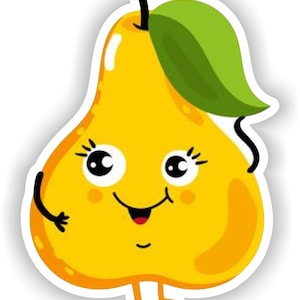 Peut inclure: Une poire jaune avec une feuille verte et un visage souriant. La poire a deux petits bras et deux petites jambes.