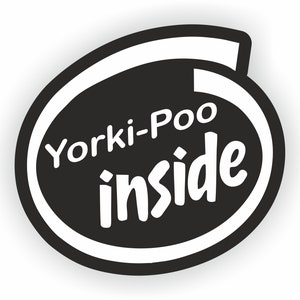 Puede incluir: Pegatina en blanco y negro con el texto "Yorki-Poo inside" en un círculo blanco con contorno negro.