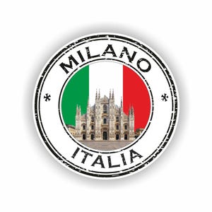 Puede incluir: Una pegatina redonda con la Catedral de Milán, con la bandera italiana como fondo. Las palabras "MILANO" e "ITALIA" están impresas en un círculo alrededor de la imagen, con símbolos en forma de estrella a cada lado.