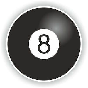 Puede incluir: Una bola de billar negra con un número ocho blanco en ella.