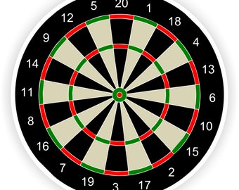 Könnte beinhalten: Eine Standard-Dartsscheibe mit schwarzen, weißen, grünen und roten Abschnitten. Die Zahlen 1 bis 20 sind um den äußeren Rand der Scheibe gedruckt.