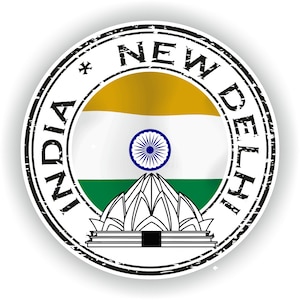 May include: A black and white circular stamp with the text "INDIA NEW DELHI" around the edge. The center of the stamp features the Indian flag with a white lotus flower below it.