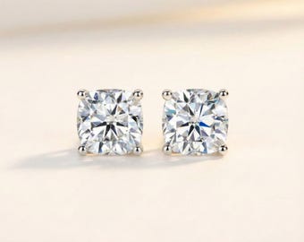 Cushion Cut Moissanite Stud Earrings | 925 Sterling Silver, Classic 4 Prong