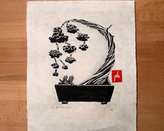 Bonsai Linocut Print – Hand Carved Botanical Art – Original Limited Edition Art by PH