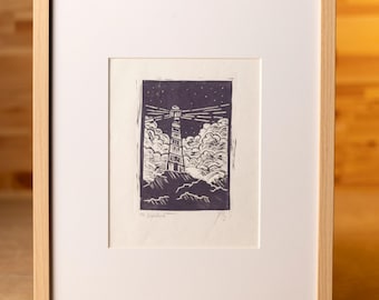 Lighthouse Linocut Print – Hand Carved Coastal Art – Original Limited Edition Art by PH