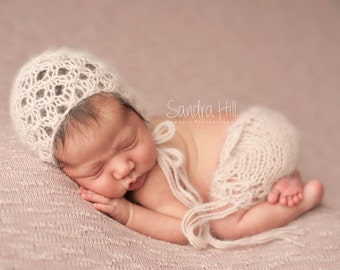PDF Knitting Pattern - newborn photography prop_ Charlotte honeycomb angora bonnet and pant set #79