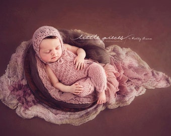 PDF Knitting Pattern - newborn photography prop_Tiny flowers jumpsuit_overalls and bonnet set #109