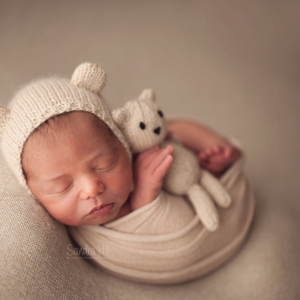 PDF Knitting Pattern - newborn photography prop My First Teddy and Bear bonnet SET #143