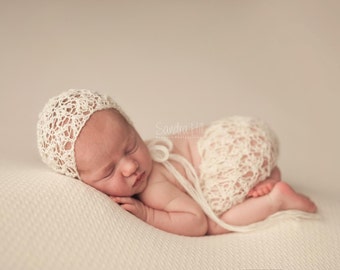 PDF Knitting Pattern - newborn photography prop_ Rebecca_lace_angora bonnet and pant SET #88
