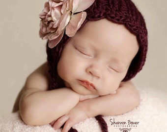 PDF KNIT Pattern (with crochet scallop edge and side ties) - newborn photography prop girl's knitted pixie hat #23