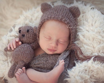 PDF Knitting Pattern - newborn photography prop My First Teddy and Bear bonnet SET #143