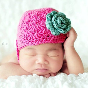 SALE PDF Crochet Pattern - newborn photography prop shell chin strap beanie #58
