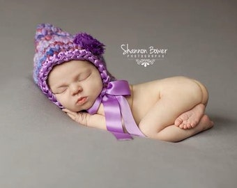 PDF knitting pattern (with CROCHET ribbon edge)  - Newborn photography prop handspun pixie ribbon hat #22