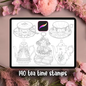 May include: Digital illustration of tea time elements, including teacups, saucers, a tiered serving tray with pastries, and teapots. The image is in black and white, with the text "140 tea time stamps" at the bottom.