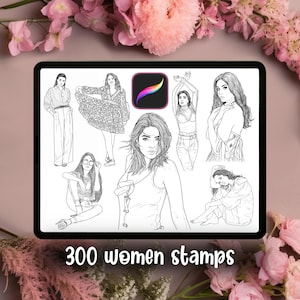 Könnte beinhalten: Ein digitaler Tablet-Bildschirm mit einer Sammlung von schwarz-weißen Strichzeichnungen verschiedener Figuren in unterschiedlichen Posen sowie einem Procreate-App-Symbol. Der Text 300 women stamps ist in Weiß am unteren Bildschirmrand zu sehen.