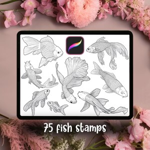 May include: A digital illustration of various fish stamps in black and white, displayed on a tablet screen. The image includes the text "75 fish stamps" at the bottom. The background features pink flowers.