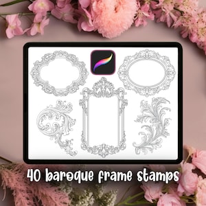 Può includere: Un'immagine digitale mostra sei timbri di cornici barocche in bianco e nero. Le cornici sono di varie forme, tra cui ovali, rettangolari e con disegni a volute ornate. Il testo "40 baroque frame stamps" è in basso.