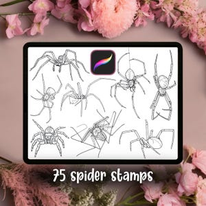 May include: A digital tablet displays a collection of 75 spider stamps in black and white. The spider illustrations vary in size and pose, with some depicted on webs. The tablet also features the Procreate app icon. The text "75 spider stamps" is at the bottom.