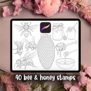 May include: A digital tablet screen displaying 40 bee and honey stamps, featuring line art illustrations of various bees, a honeycomb pattern, honey jars, and honey dippers with dripping honey, alongside the Procreate app icon and text.
