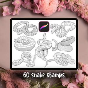 May include: A digital tablet shows 60 black and white snake stamps, depicting different snake species and poses. The Procreate app icon is visible. The text "60 snake stamps" is displayed at the bottom of the screen, offering a variety of design options.