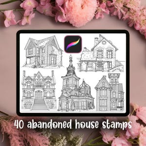 May include: A digital tablet screen displays five black and white line art illustrations of various houses, including a Procreate icon. The text 40 abandoned house stamps is printed below the screen, which is framed by pink floral arrangements.