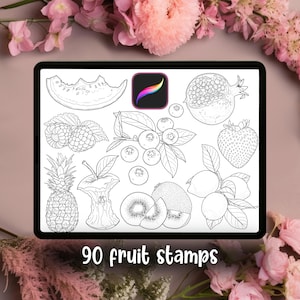 May include: A digital illustration of various fruits, including a watermelon slice, raspberries, blueberries, a pineapple, an apple core, kiwi, lemons, a pomegranate, and a strawberry. The text "90 fruit stamps" is displayed at the bottom of the image.