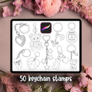 May include: A digital collection of 50 keychain stamps featuring black and white line art illustrations of various charms including a teddy bear, a tooth, a bee, a coffee cup, a heart, and stars, displayed on a tablet screen with the Procreate icon.