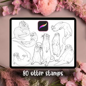 Könnte beinhalten: Ein digitales Tablet zeigt 80 Otterstempel in Schwarz und Weiß. Die Otter sind in verschiedenen Posen dargestellt, wie Schwimmen, Stehen und Kuscheln. Das Procreate App-Symbol ist sichtbar, zusammen mit dem Text "80 otter stamps."