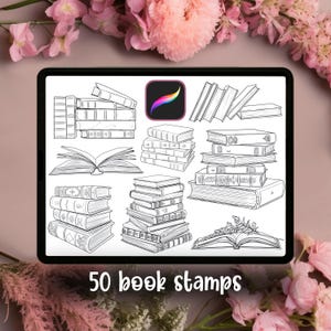 May include: A digital illustration of 50 book stamps in black and white. The image includes various stacks of books, open books, and a digital art app icon. The text "50 book stamps" is displayed at the bottom of the image.