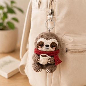 Peut inclure: Un porte-clés paresseux en crochet marron et crème portant une écharpe rouge et tenant une petite tasse couleur crème. Le paresseux a les yeux fermés, des joues roses et un nez et une bouche brodés en noir. Il est fixé à un anneau en métal argenté.