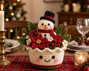 Crochet Christmas Flower Pot, Handmade Snowman Poinsettia Bouquet, Cute Winter Crochet Plant Decor, Holiday Home Decoration, Christmas Gift