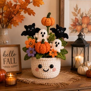 Crochet Halloween Flower Pot, Ghost Bat Pumpkin Bouquet, Spooky Cute Fall Decor, Handmade Desk Ornament, Halloween Gift