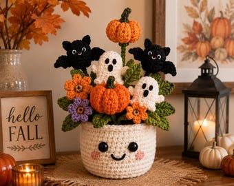 Crochet Halloween Flower Pot, Ghost Bat Pumpkin Bouquet, Spooky Cute Fall Decor, Handmade Desk Ornament, Halloween Gift