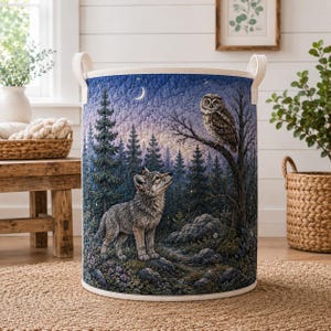 May include: A cylindrical fabric storage basket featuring a quilted exterior with a printed forest scene. The design depicts a grey wolf standing on a rocky path beneath a crescent moon, with a brown owl perched on a tree branch in the background.