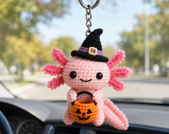 Llavero de ajolote de ganchillo para Halloween, ajolote bruja amigurumi, colgante para bolsa de cubo de dulces con forma de calabaza, lindo regalo para la temporada de Halloween