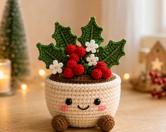Crochet Christmas Flower Pot, Handmade Holly Berry Plant Decor, Cute Crochet Holiday Centerpiece, Christmas Home Decoration, Handmade Gift