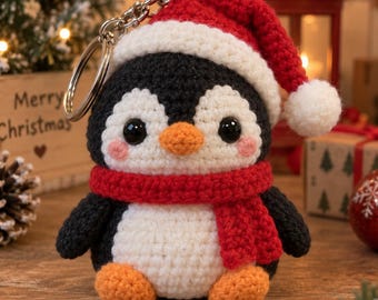 Crochet Penguin Keychain, Christmas Penguin Amigurumi, Santa Hat Bag Charm, Cute Holiday Keyring, Penguin Gift, Stocking Stuffer